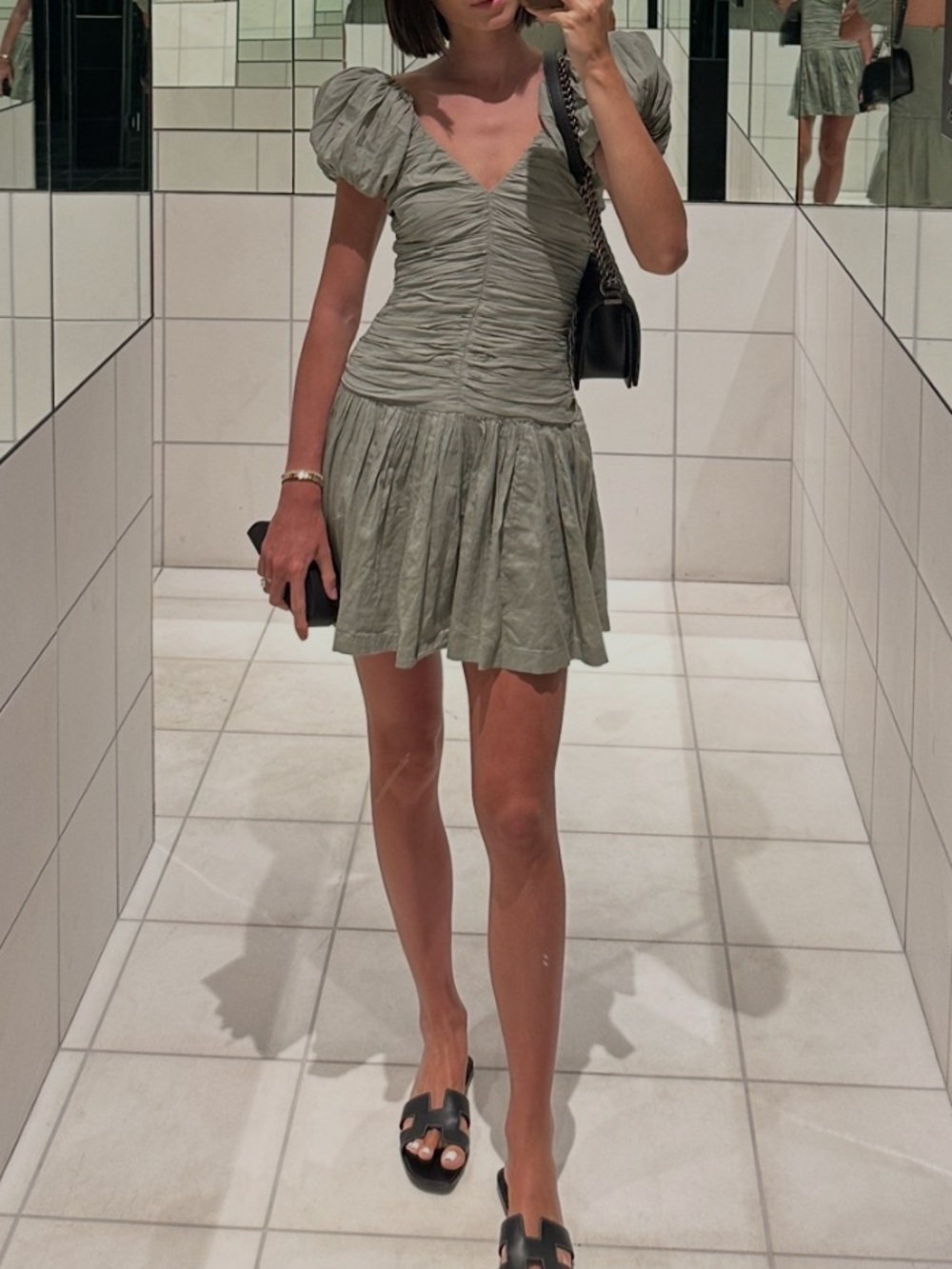 Abercrombie & Fitch Sage Green Puff-Sleeve Mini Dress